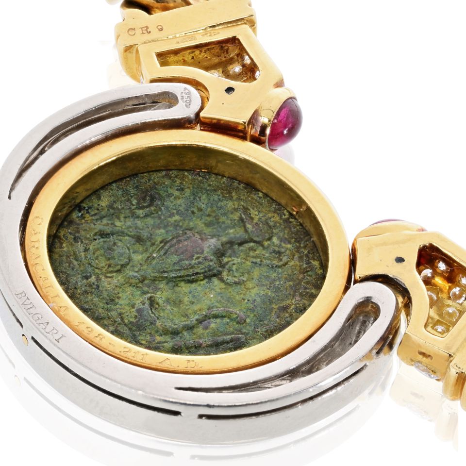 Bvlgari Coin 18K Two Tone Caracalla 198-211ad Diamond Ruby Coin Necklace — view 5 — Laura Milman New York