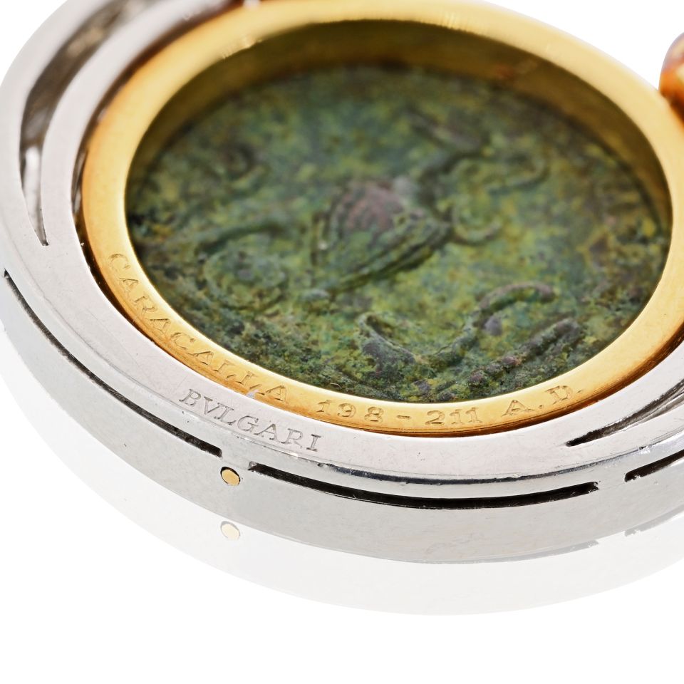 Bvlgari Coin 18K Two Tone Caracalla 198-211ad Diamond Ruby Coin Necklace — view 6 — Laura Milman New York