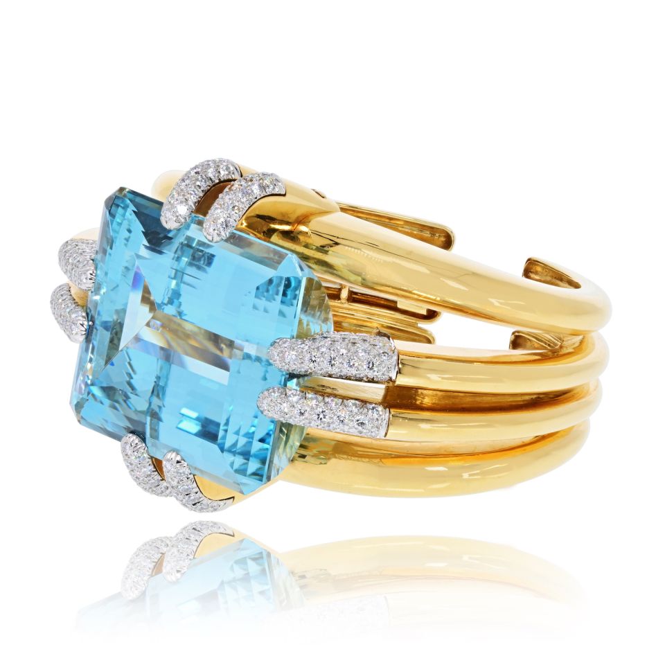 David Webb Notre Dame 18K Yellow Gold Aquamarine And Diamond Bracelet — view 2 — Laura Milman New York