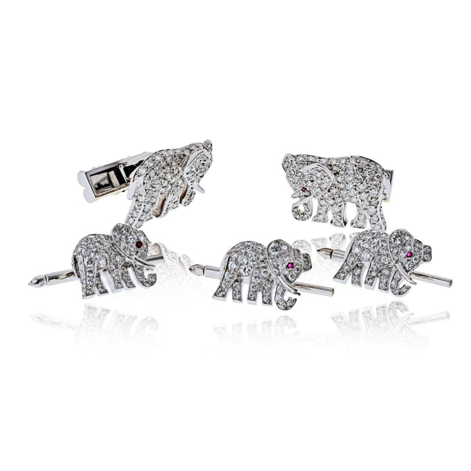 Cartier Diamond Elephant 18K White Gold Walking Elephant Shirt Studs And Cuff Links — Laura Milman New York