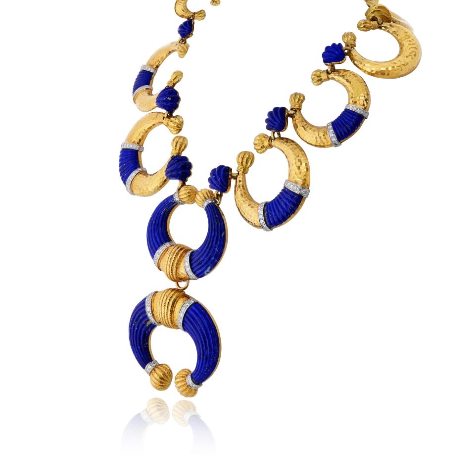 David Webb Crescent Platinum & 18K Yellow Gold Carved Lapis Lazuli Necklace — view 3 — Laura Milman New York