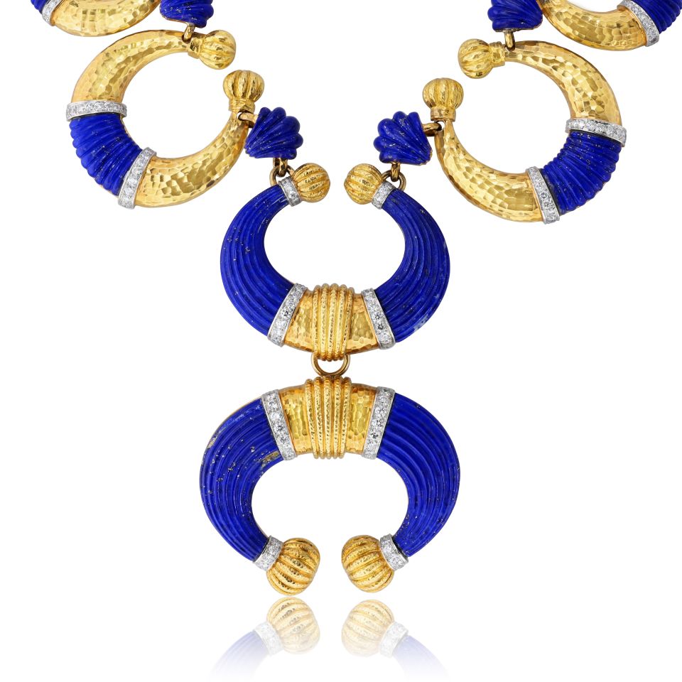 David Webb Crescent Platinum & 18K Yellow Gold Carved Lapis Lazuli Necklace — view 4 — Laura Milman New York