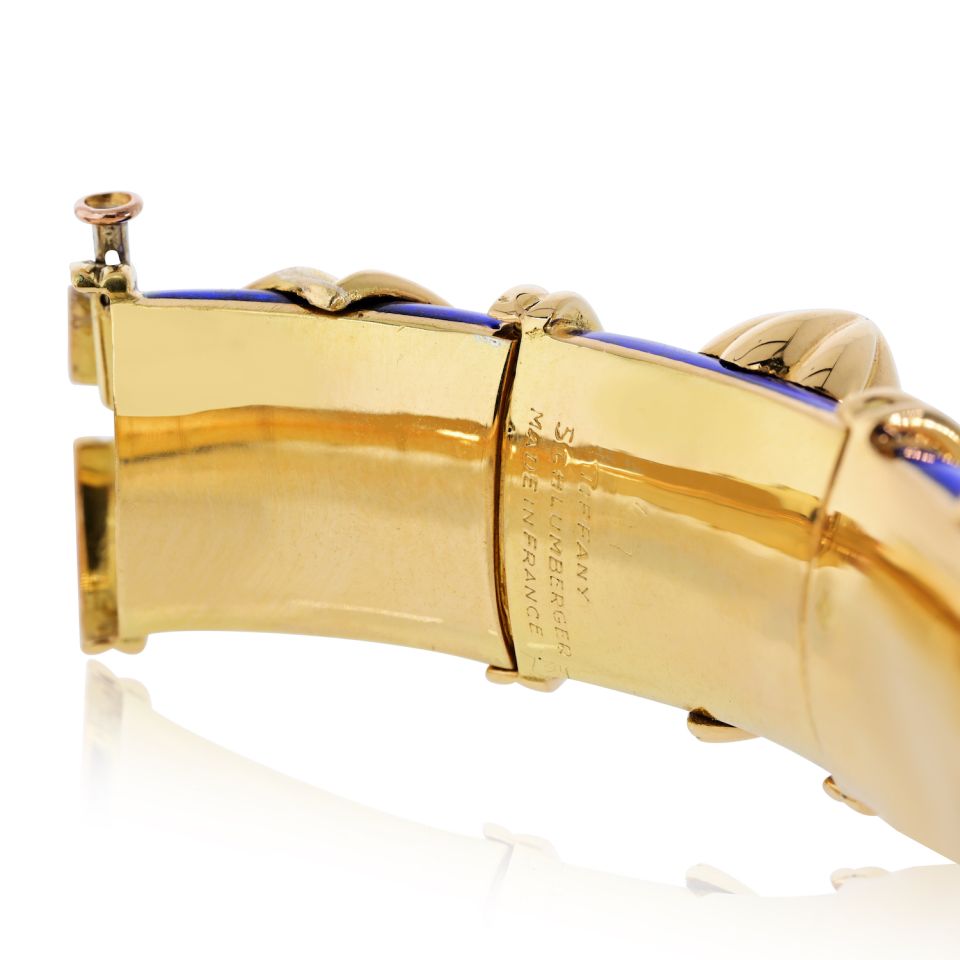 Tiffany & Co. Schlumberger 18K Yellow Gold Paillonne Blue Enamel Cones Bangle Bracelet — view 6 — Laura Milman New York