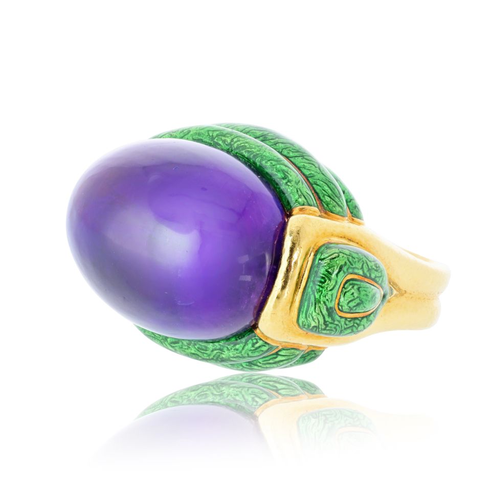 David Webb Amethyst 18K Yellow Gold Green Enamel Statement Cocktail Ring — view 2 — Laura Milman New York