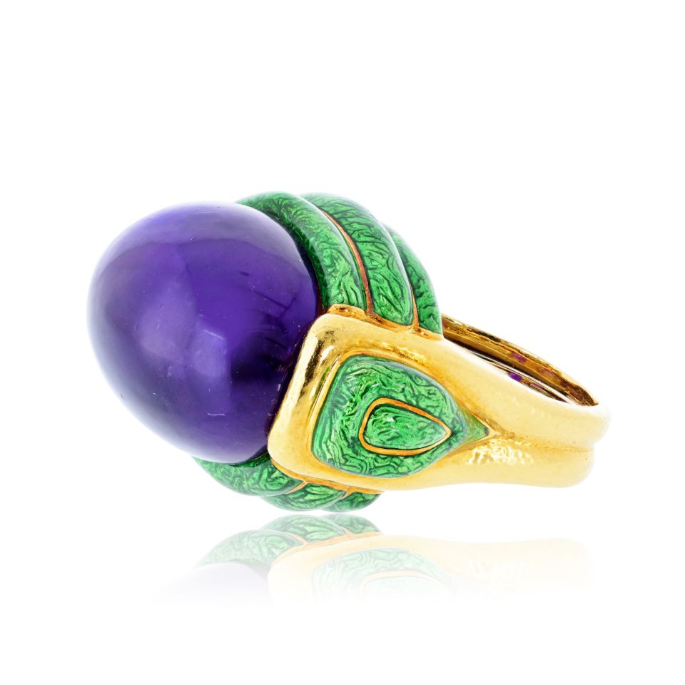 David Webb Amethyst 18K Yellow Gold Green Enamel Statement Cocktail Ring — view 3 — Laura Milman New York