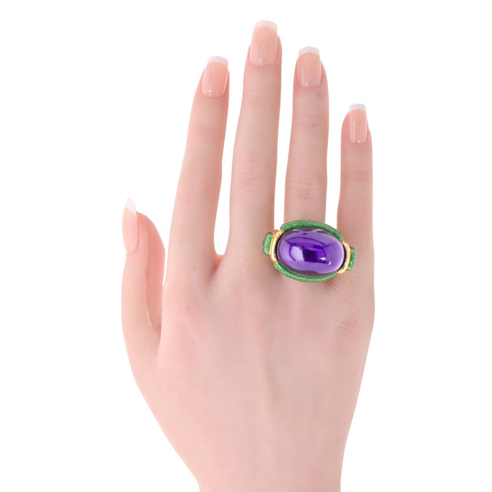 David Webb Amethyst 18K Yellow Gold Green Enamel Statement Cocktail Ring — view 5 — Laura Milman New York
