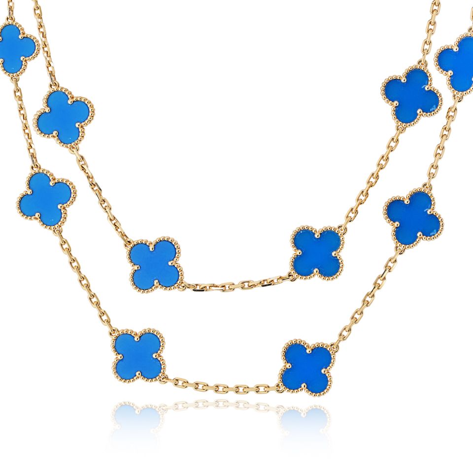 Van Cleef & Arpels Alhambra 18K Yellow Gold Blue Agate 20 Motif Necklace — view 4 — Laura Milman New York