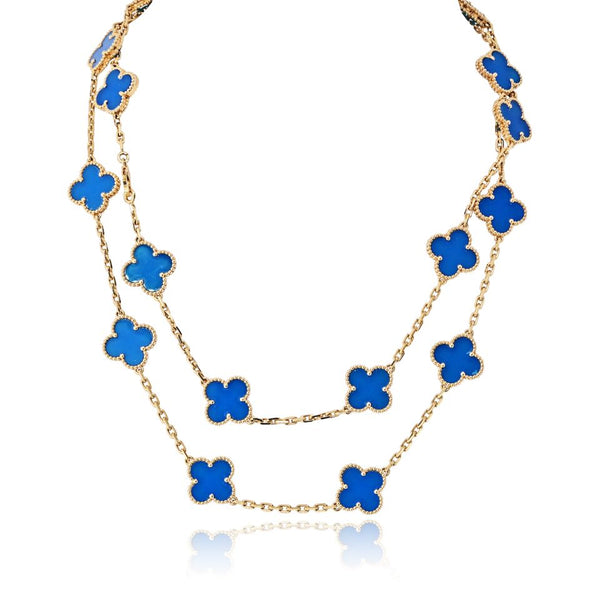 Van Cleef & Arpels Alhambra 18K Yellow Gold Blue Agate 20 Motif Necklace