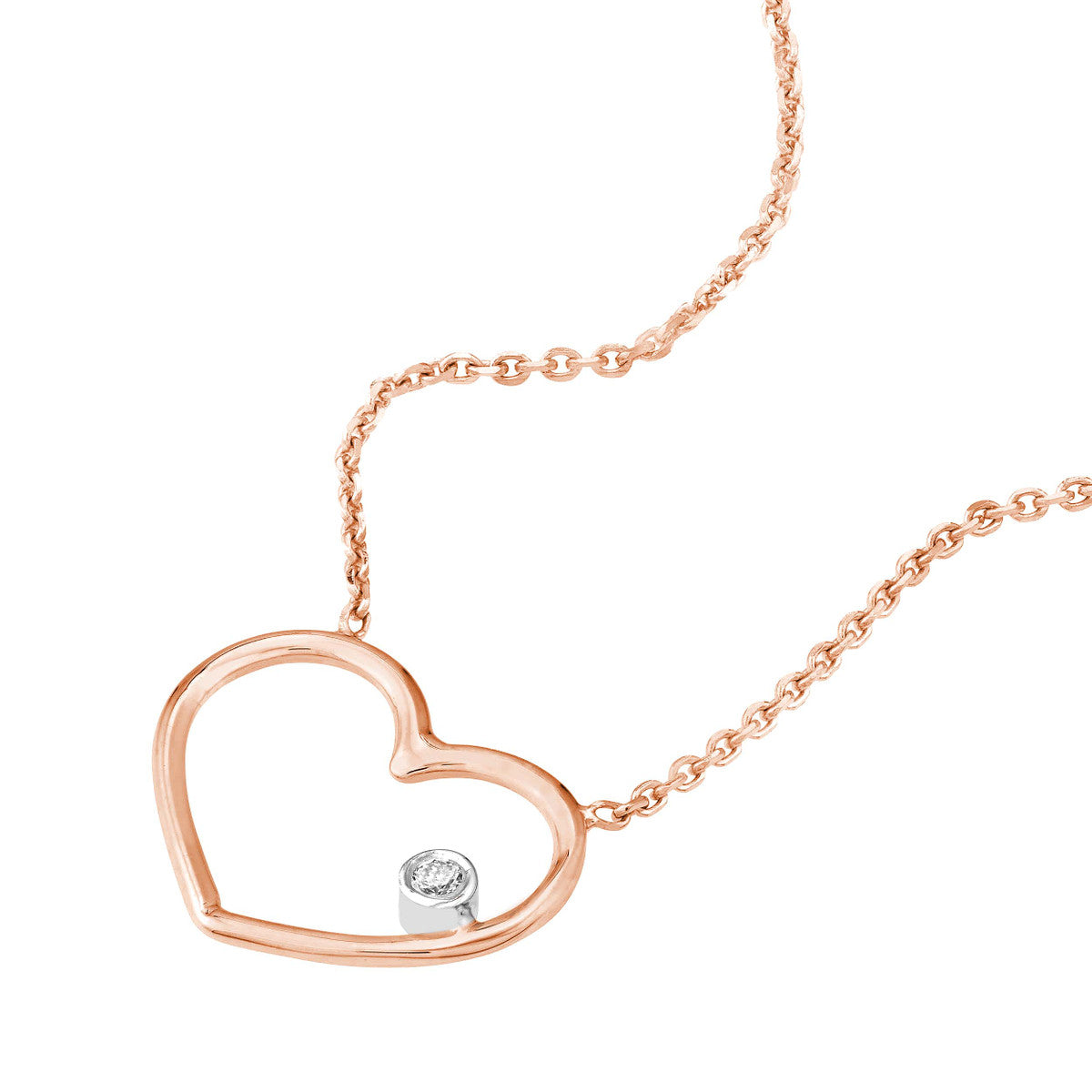 14K Gold Diamond Chain Adjustable Necklace Rose Gold Open Wire Heart with Diamon
