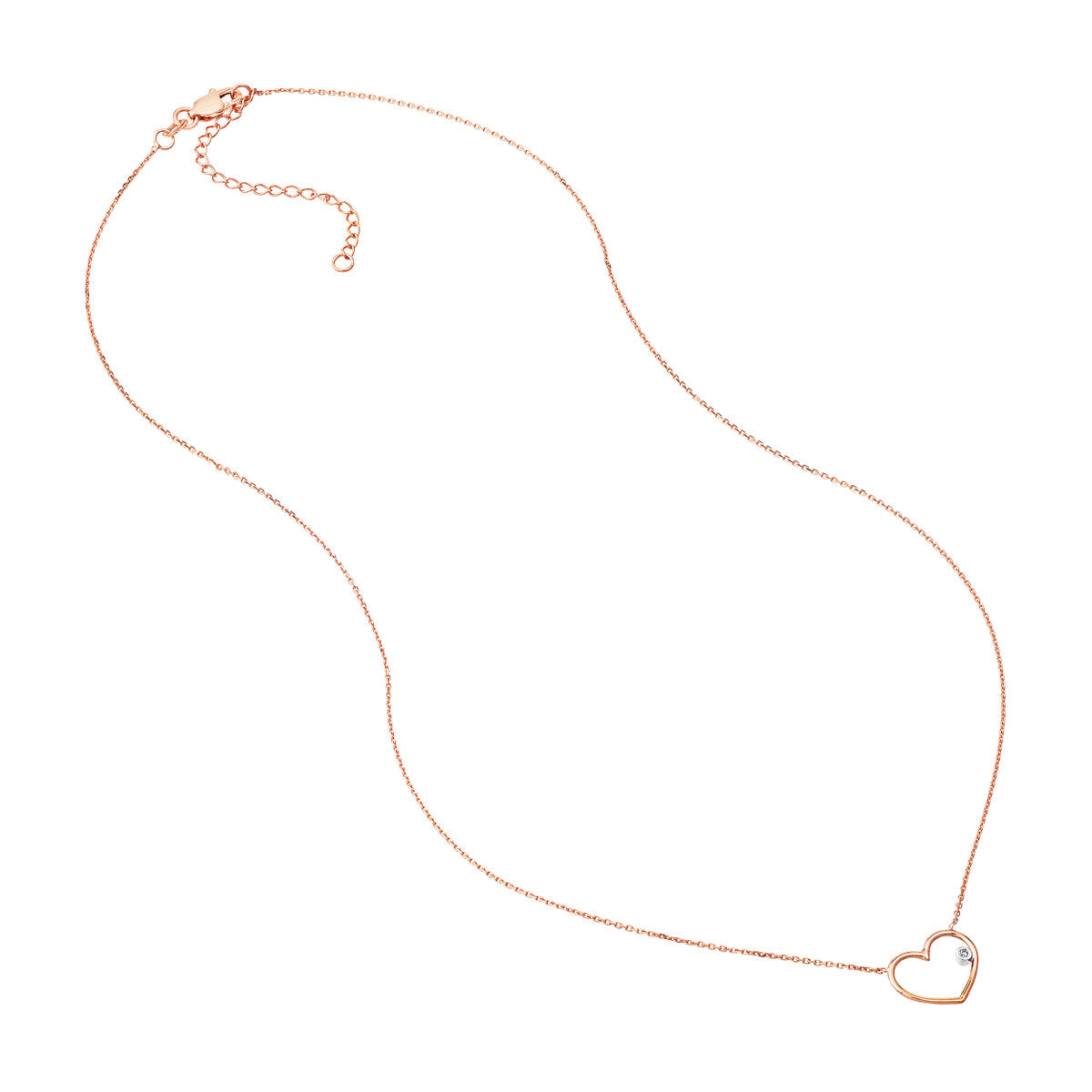 14K Gold Diamond Chain Adjustable Necklace Rose Gold Open Wire Heart with Diamon