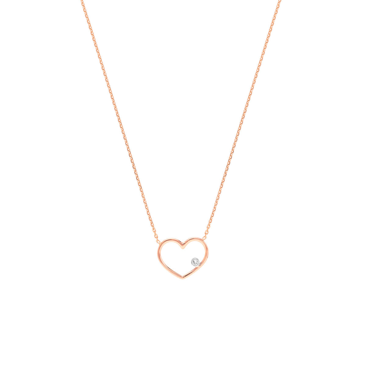 14K Gold Diamond Chain Adjustable Necklace Rose Gold Open Wire Heart with Diamon