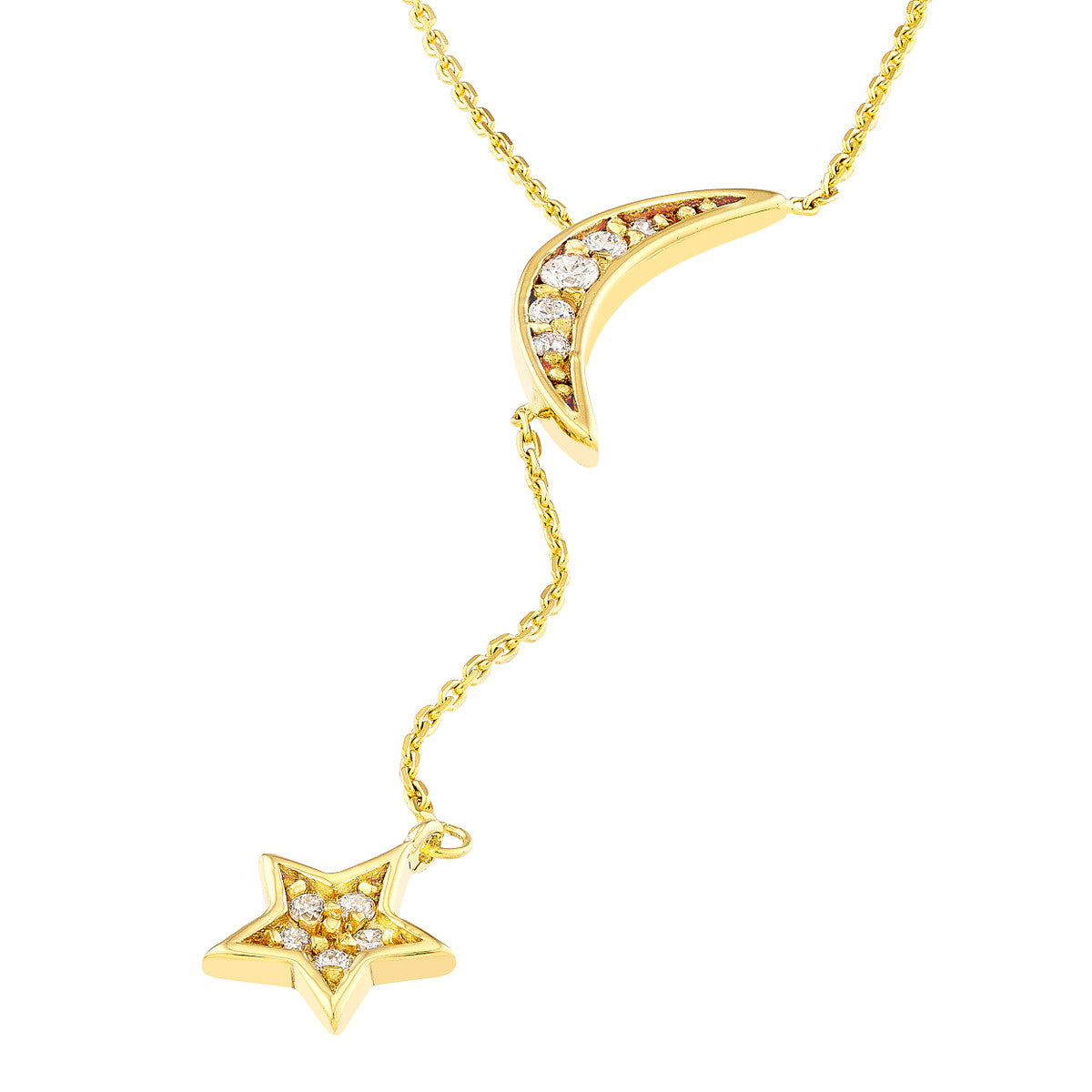 14K Gold Diamond Adjustable Necklace Moon and Star Drop Diamond Lariat Necklace