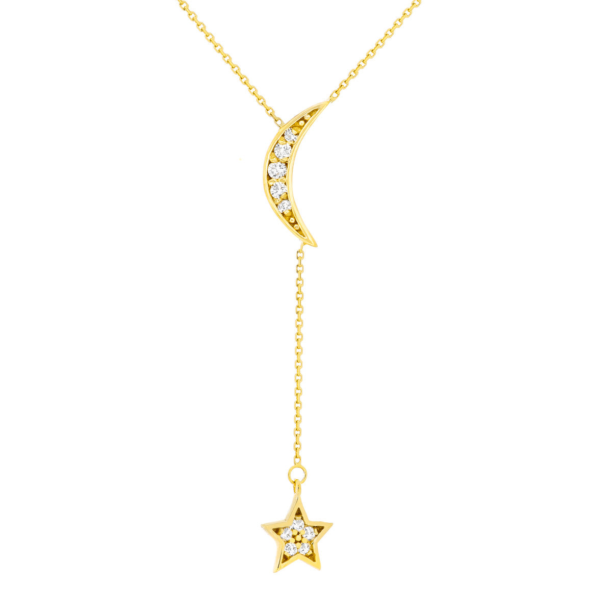 14K Gold Diamond Adjustable Necklace Moon and Star Drop Diamond Lariat Necklace