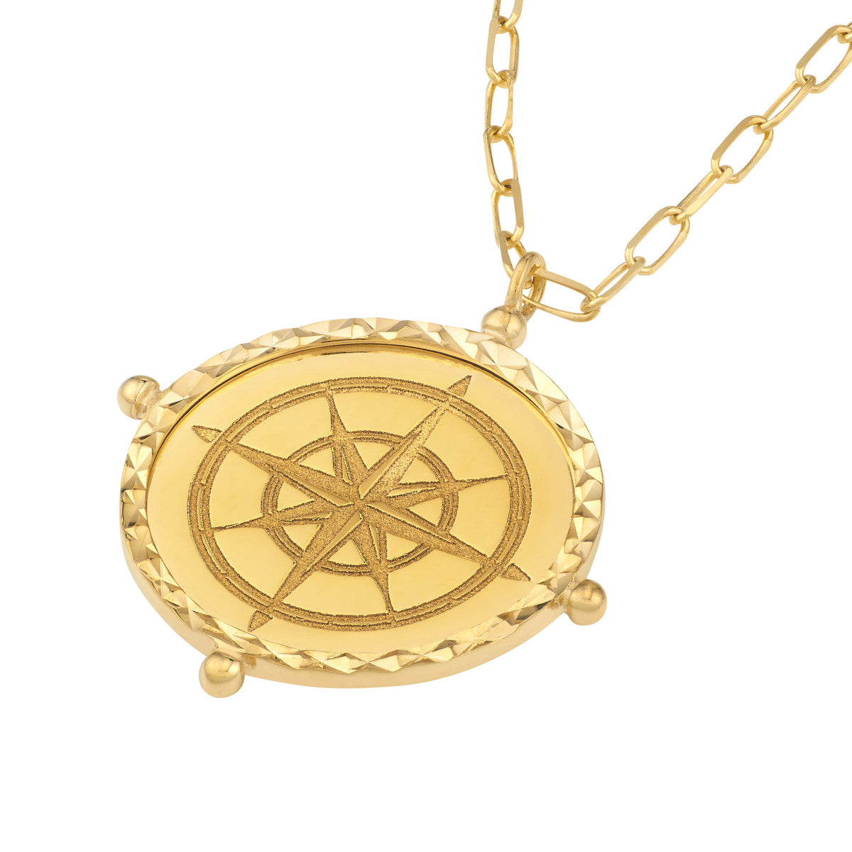14K Gold Paperclip Chain Necklace Wind Rose Compass Medallion on Paper Clip Chai