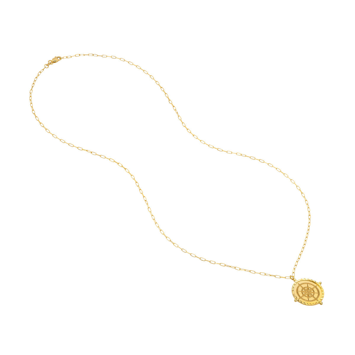 14K Gold Paperclip Chain Necklace Wind Rose Compass Medallion on Paper Clip Chai