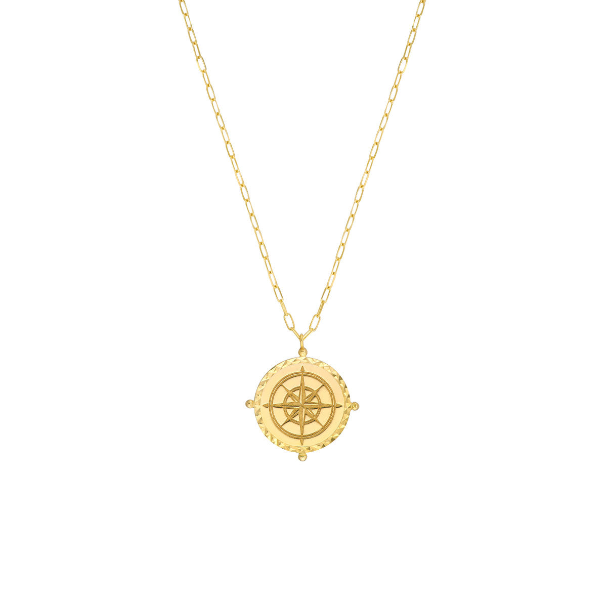 14K Gold Paperclip Chain Necklace Wind Rose Compass Medallion on Paper Clip Chai