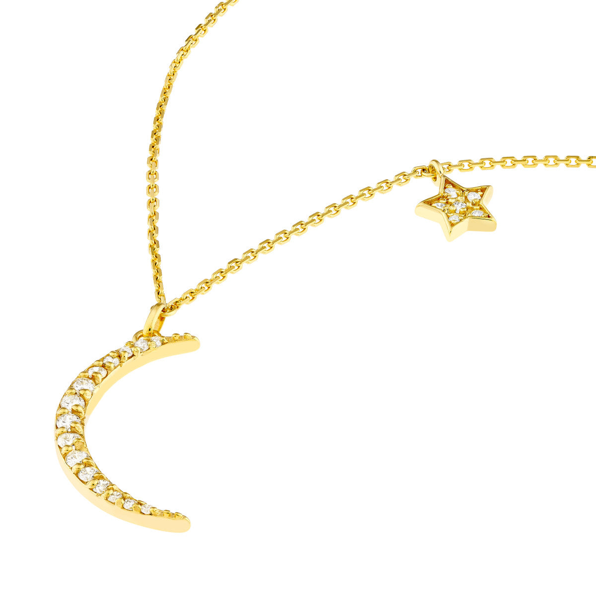 14K Gold Diamond Pendant Necklace Diamond Moon with Star Dangle Necklace