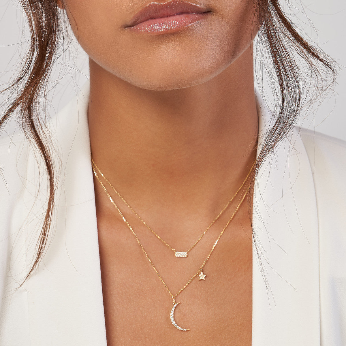 14K Gold Diamond Pendant Necklace Diamond Moon with Star Dangle Necklace