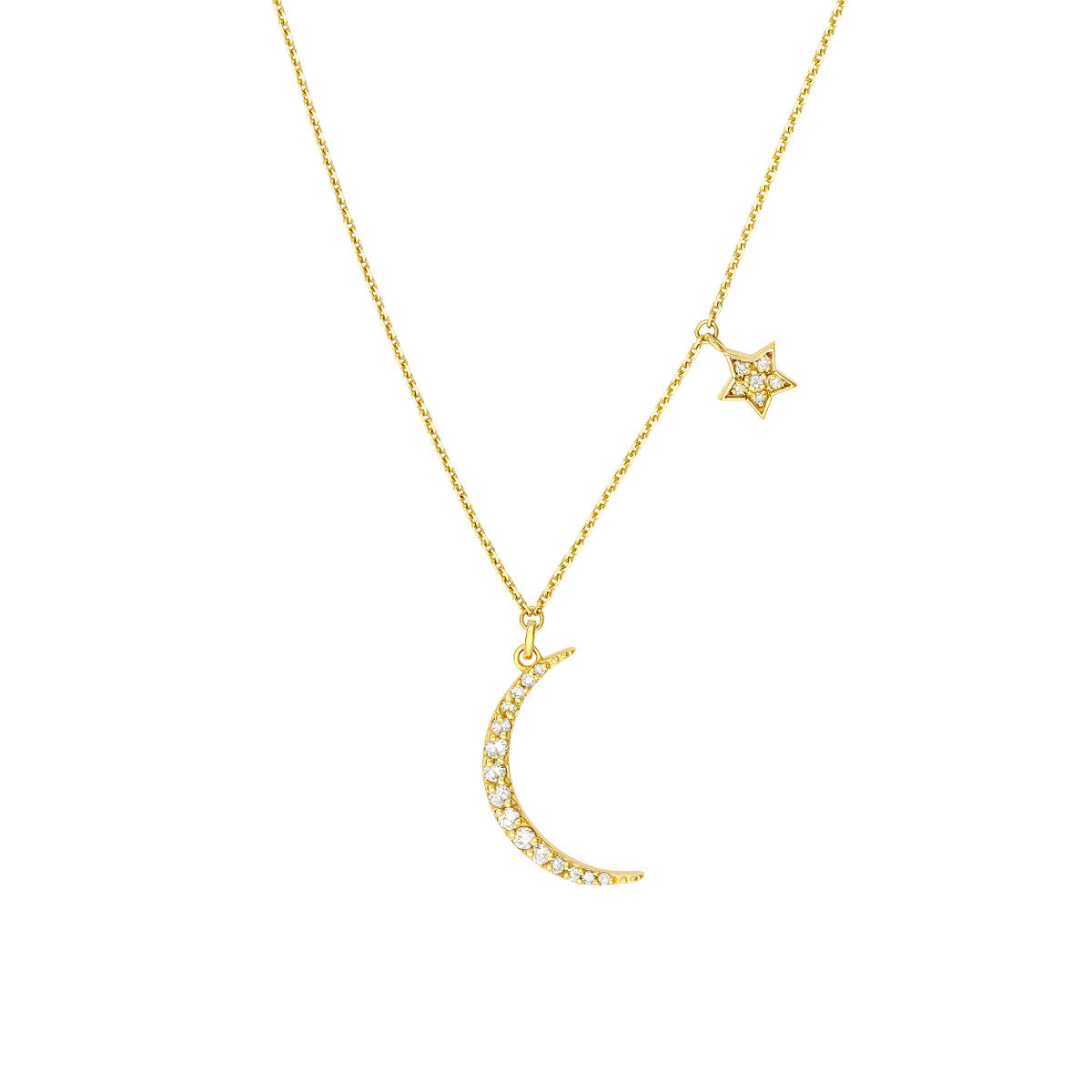 14K Gold Diamond Pendant Necklace Diamond Moon with Star Dangle Necklace