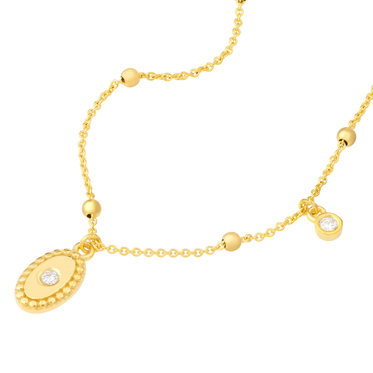 14K Gold Diamond Oval Necklace Diamond Oval Plate with Bead Frame Necklace