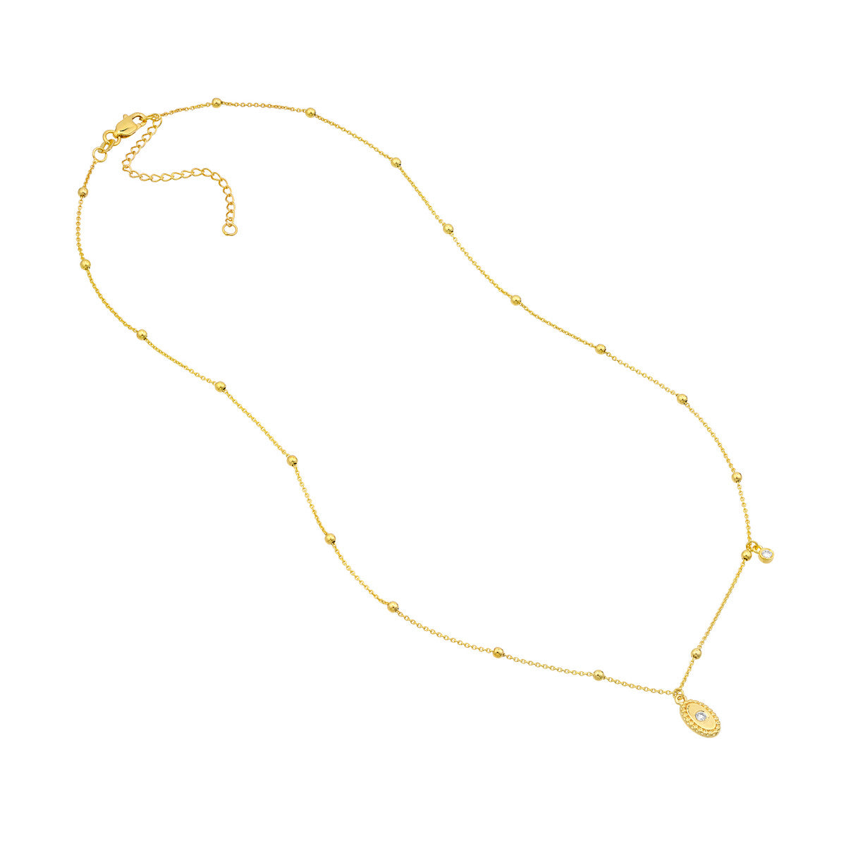 14K Gold Diamond Oval Necklace Diamond Oval Plate with Bead Frame Necklace