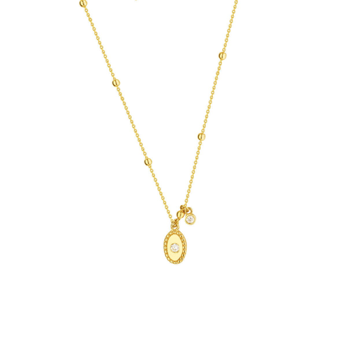 14K Gold Diamond Oval Necklace Diamond Oval Plate with Bead Frame Necklace