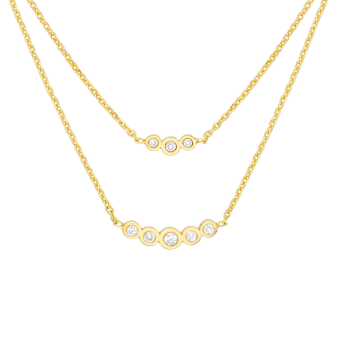 14K Gold Diamond Layered Necklace Graduating Diamond Bezels Duet Necklace