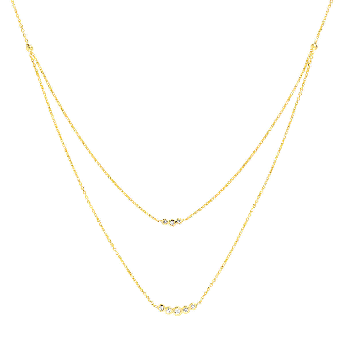 14K Gold Diamond Layered Necklace Graduating Diamond Bezels Duet Necklace
