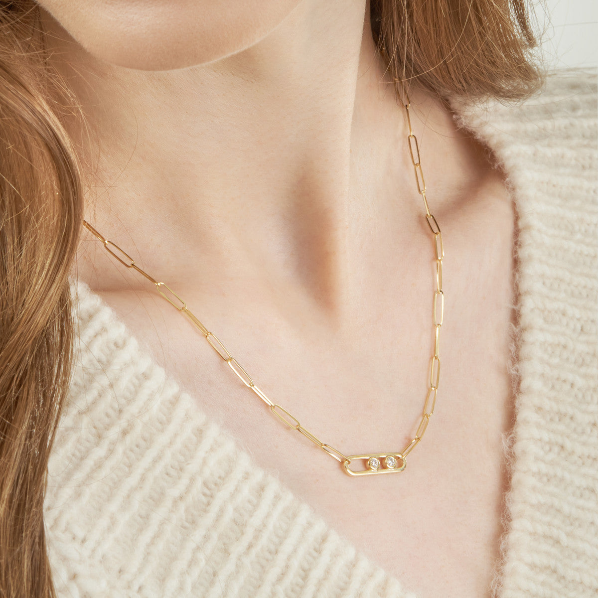 14K Gold Diamond Paperclip Chain Statement Necklace Twin Diamond Paper Clip Neck