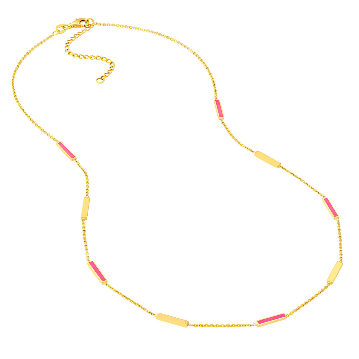 14K Gold Chain Adjustable Necklace Neon Pink Enamel Alternating Bar Necklace