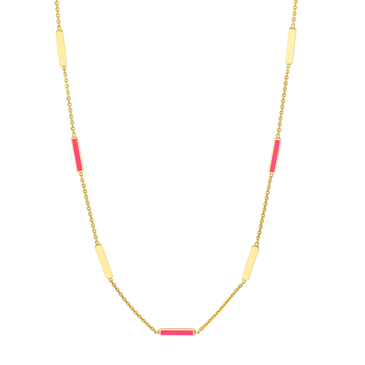 14K Gold Chain Adjustable Necklace Neon Pink Enamel Alternating Bar Necklace