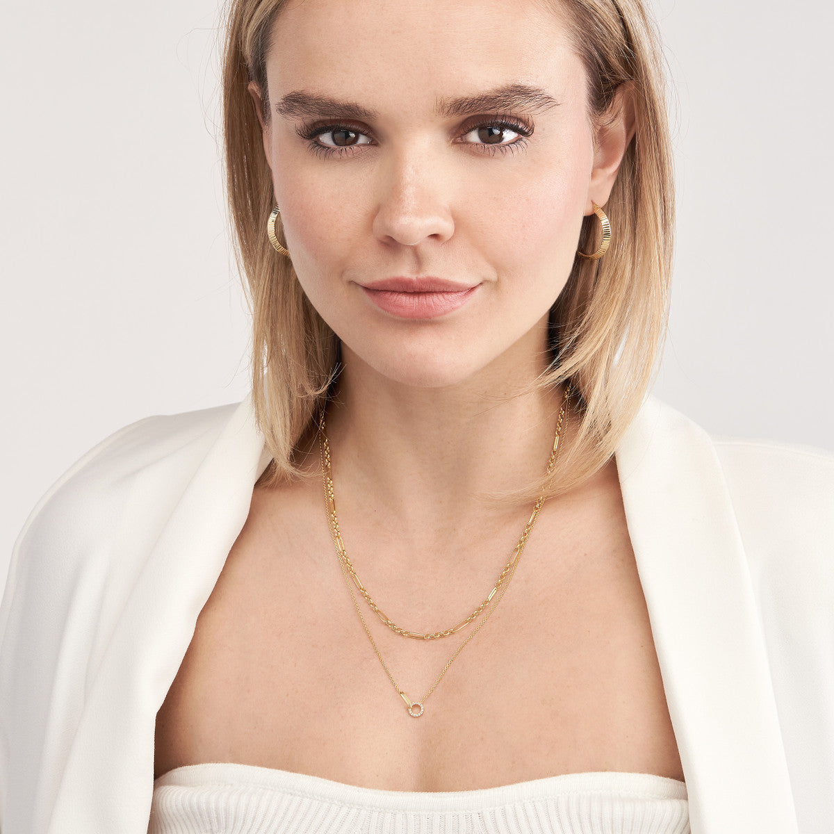 14K Gold Diamond Layered Necklace Diamond Circle Duet Layered Necklace