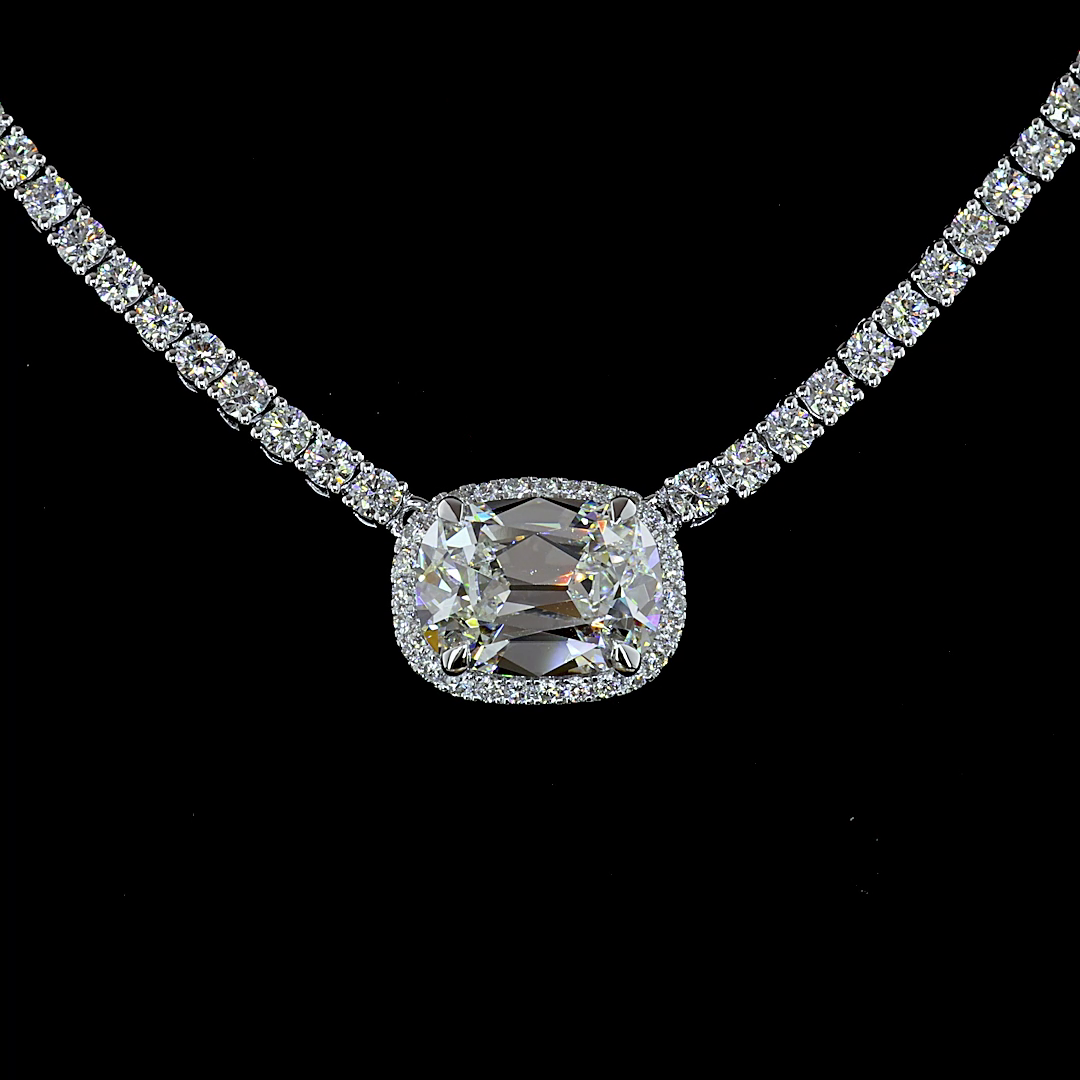7.05 CT Antique Cushion Lab Grown Diamond Statement Necklace in 14K White Gold – close-up — Laura Milman New York