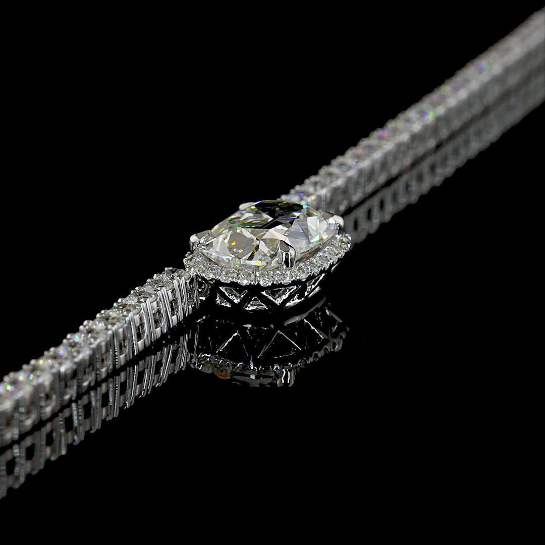 7.05 CT Antique Cushion Lab Grown Diamond Statement Necklace in 14K White Gold – side view — Laura Milman New York