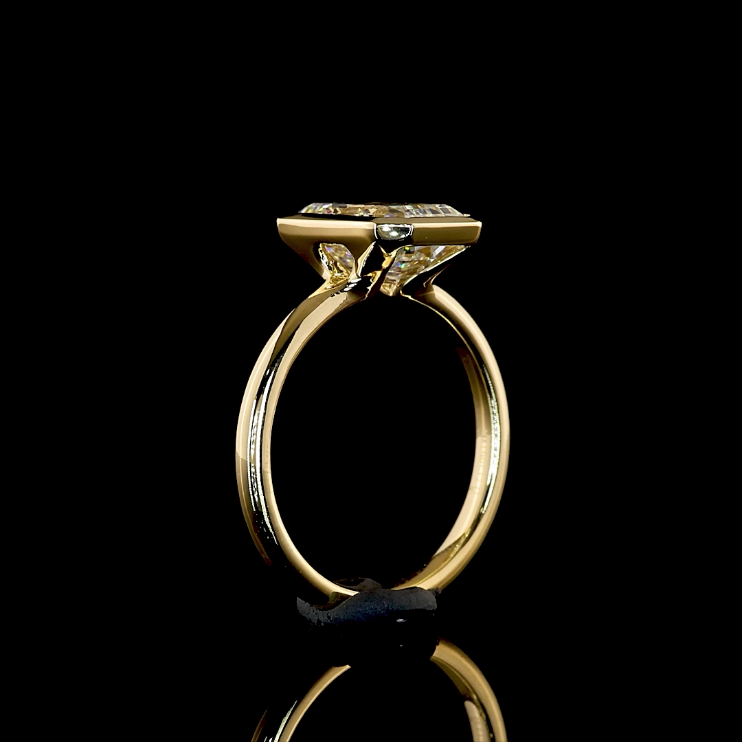Lab-Grown Emerald Diamond Solitaire Ring — Bezel, North South — 3.63 ct 14K YELLOW GOLD — Laura Milman New York