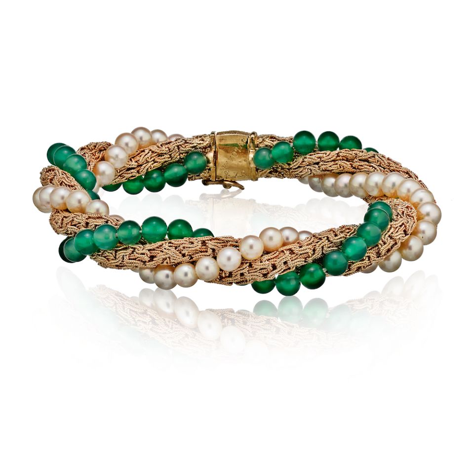Bvlgari 18K Yellow Gold Chrysoprase Pearl Torsade Bracelet