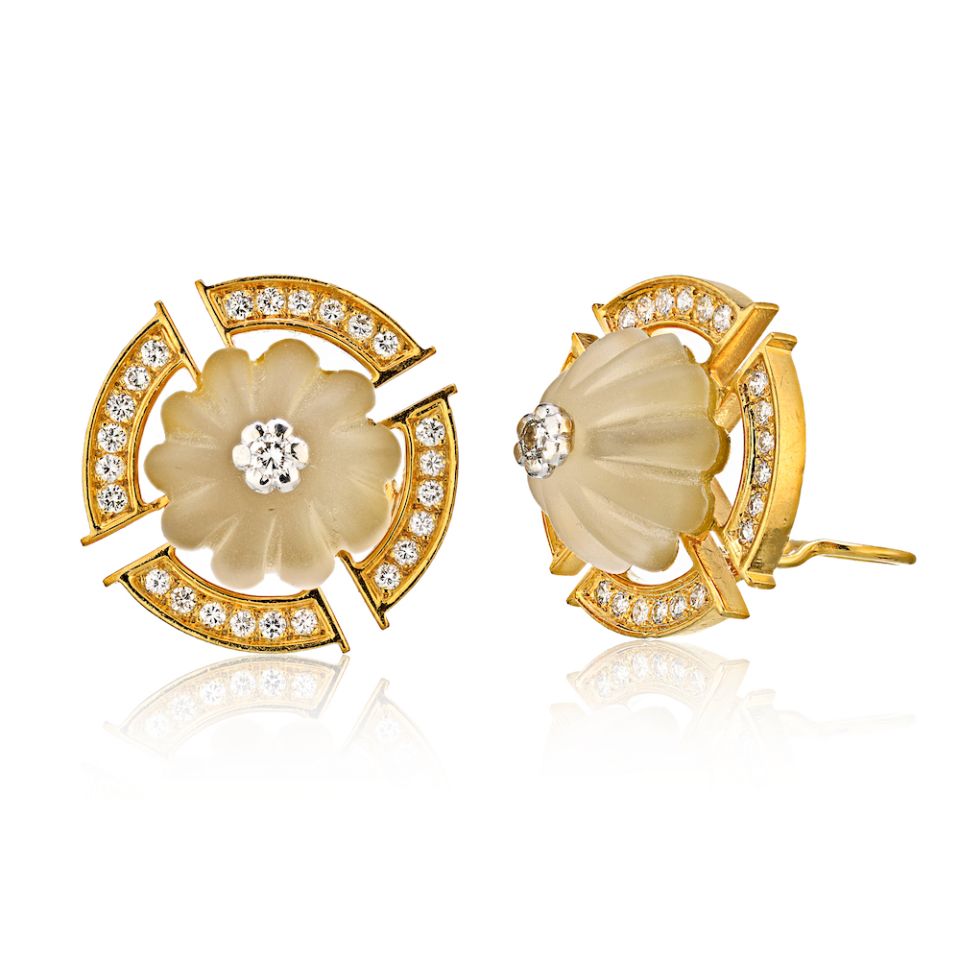 Bvlgari 18K Yellow Gold Rock Crystal Diamond Clip-On Earrings 2.00ct