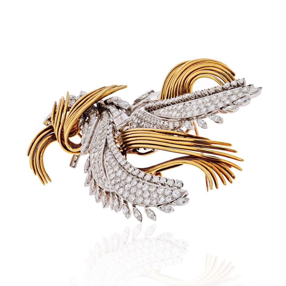 David Webb Platinum & 18K Yellow Gold 20.00 Carats Diamond Double Clip Convertable Brooch — view 2 — Laura Milman New York