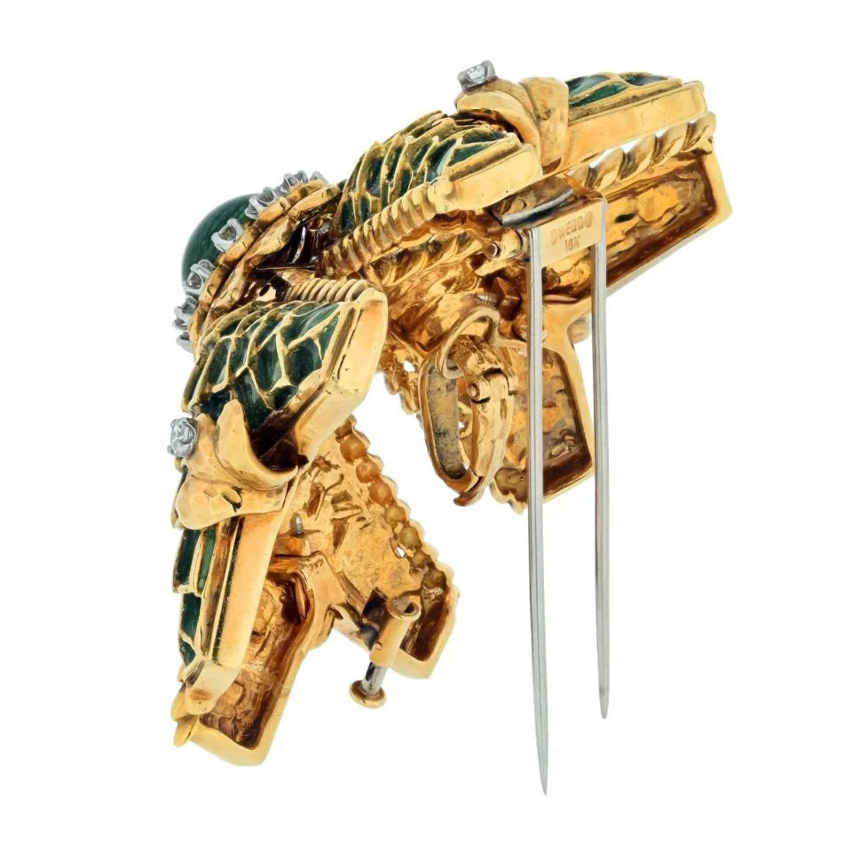 David Webb Maltese Cr 18K Yellow Gold Large Diamond And Green Enamel Pendant — view 3 — Laura Milman New York