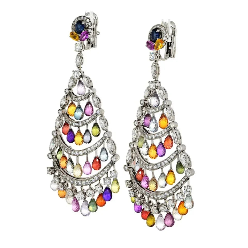 Graff 18K White Gold Multicolor Sapphire & Diamond Chandelier Earrings — view 2 — Laura Milman New York