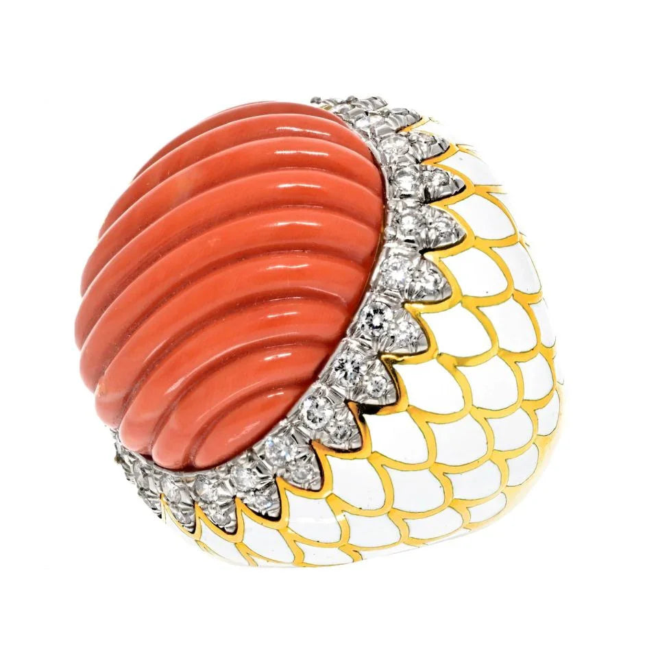 David Webb Platinum & 18K Yellow Gold Large Fluted Coral, White Enamel, Diamond Ring — view 2 — Laura Milman New York