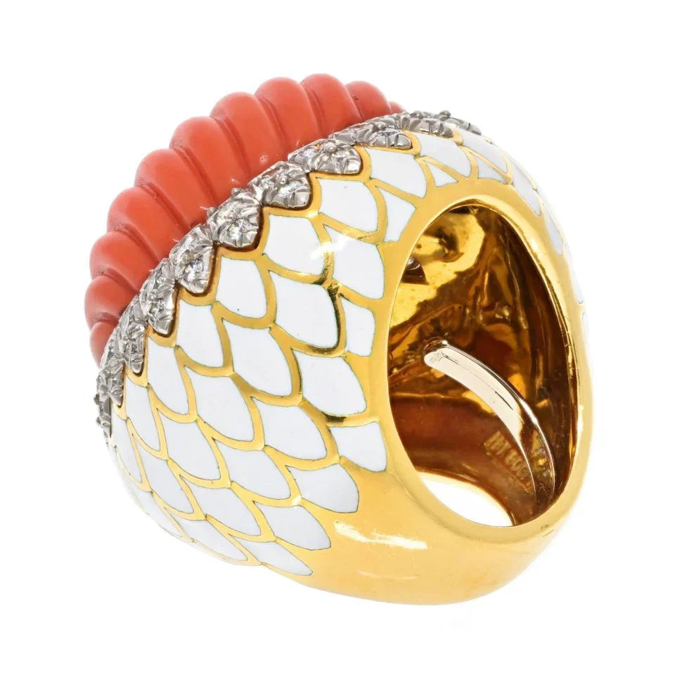 David Webb Platinum & 18K Yellow Gold Large Fluted Coral, White Enamel, Diamond Ring — view 3 — Laura Milman New York