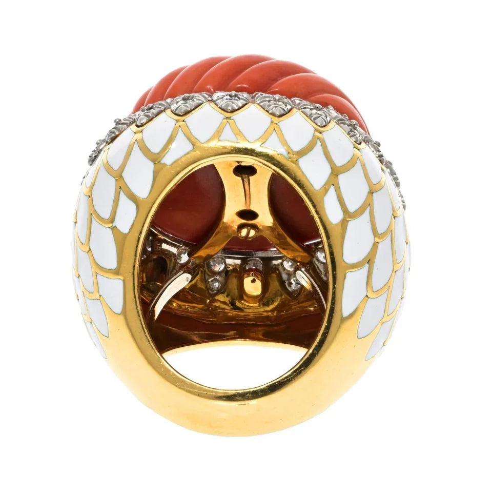David Webb Platinum & 18K Yellow Gold Large Fluted Coral, White Enamel, Diamond Ring — view 4 — Laura Milman New York