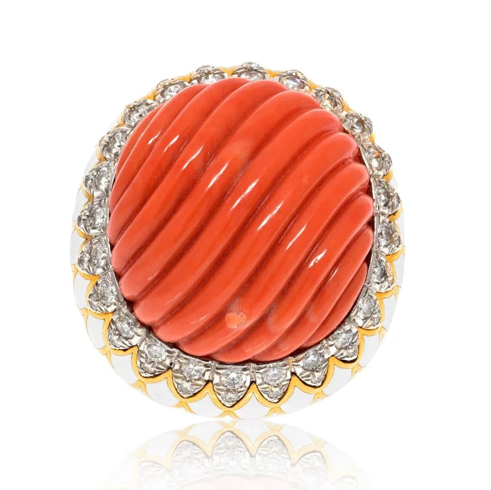 David Webb Platinum & 18K Yellow Gold Large Fluted Coral, White Enamel, Diamond Ring — Laura Milman New York