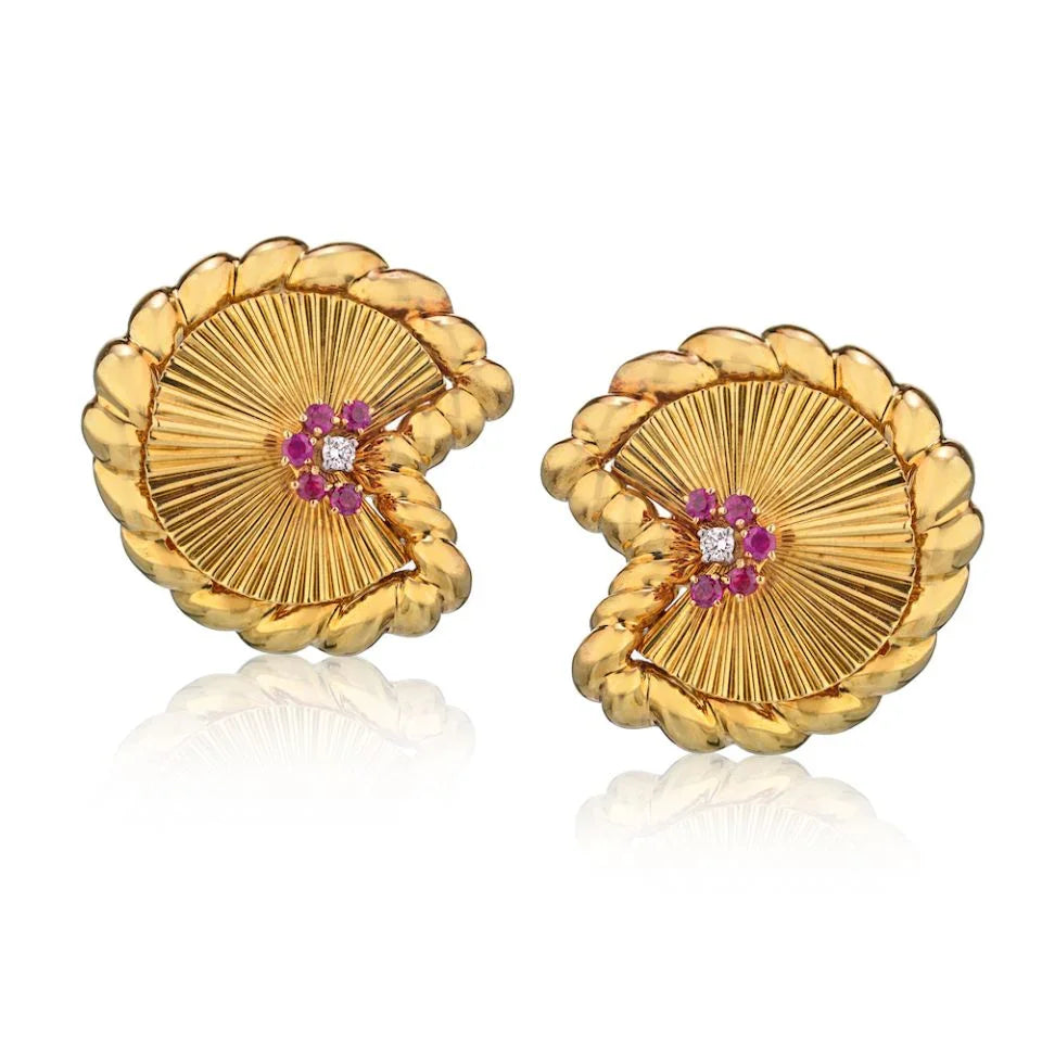 David Webb 18K Yellow Gold Ruby And Diamond Fan Earrings — Laura Milman New York