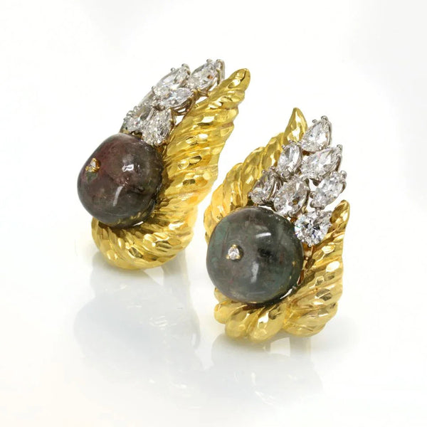 David Webb 18K Yellow Gold Diamond & Emerald Bead Clip-On Earrings — view 2