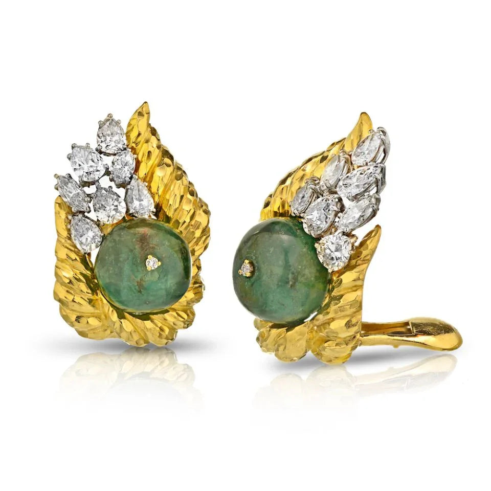David Webb 18K Yellow Gold Diamond & Emerald Bead Clip-On Earrings — Laura Milman New York