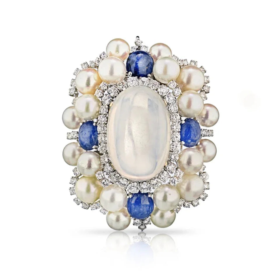 David Webb Circa 1960's Platinum Moonstone,sapphire And Diamonds Brooch — Laura Milman New York