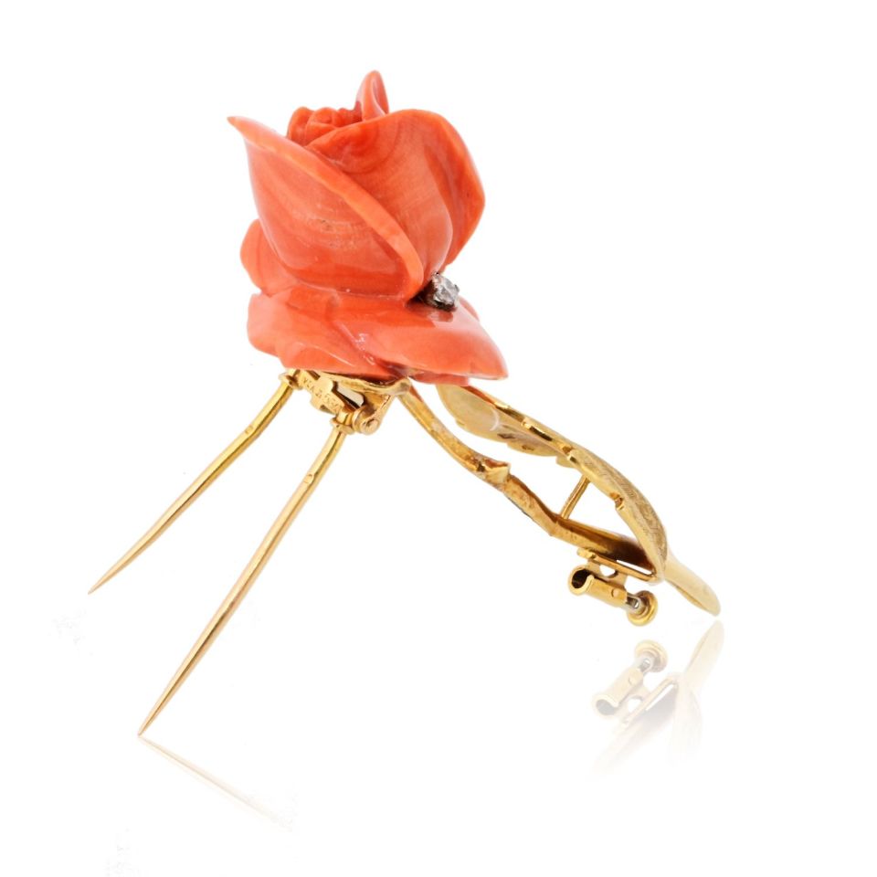 Van Cleef & Arpels French 18K Yellow Gold 1965 Coral Rose Brooch — view 3 — Laura Milman New York