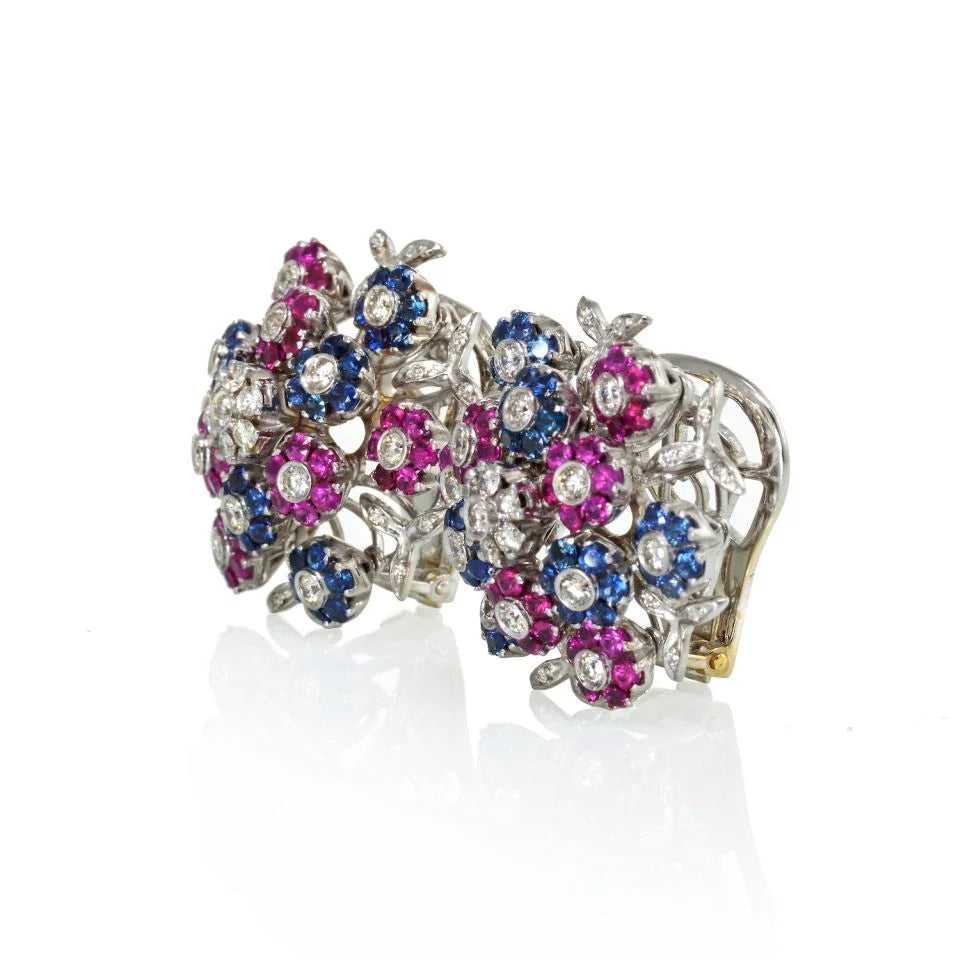 Cartier Tremblant 18K White Gold Diamond, Sapphire And Ruby Clip-On Earrings — view 2 — Laura Milman New York